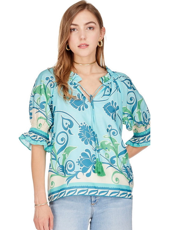 Blue Oasis Peasant Top