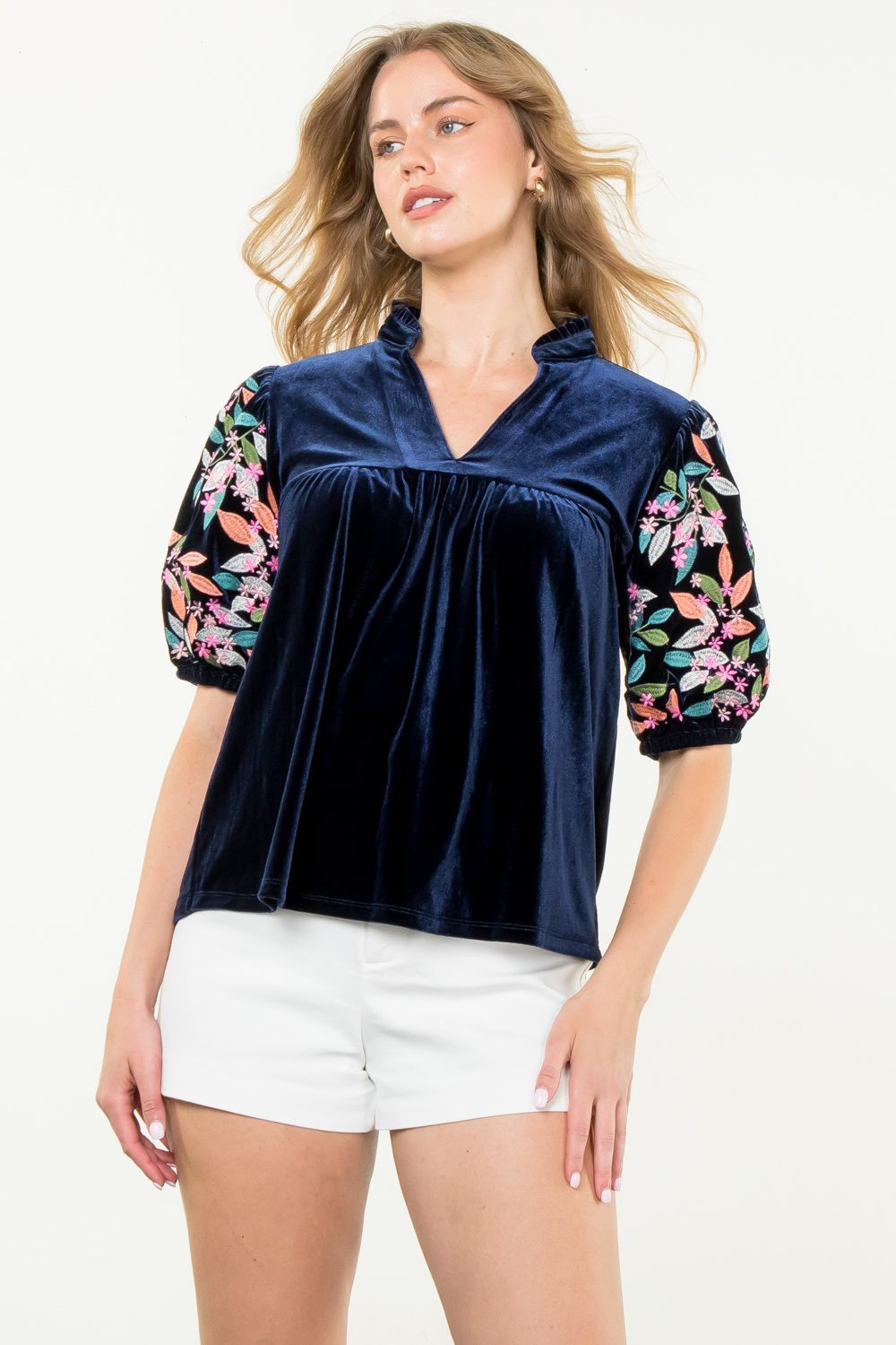 Embroidered Puff Velvet Top