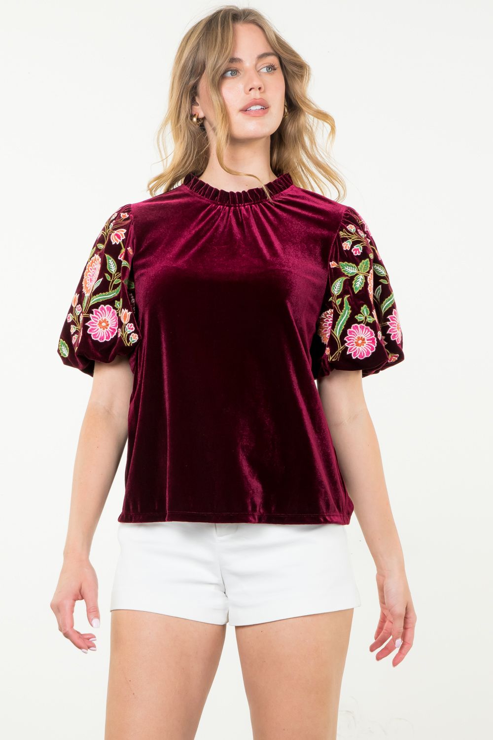 Velvet Detail Puff Sleeve Top