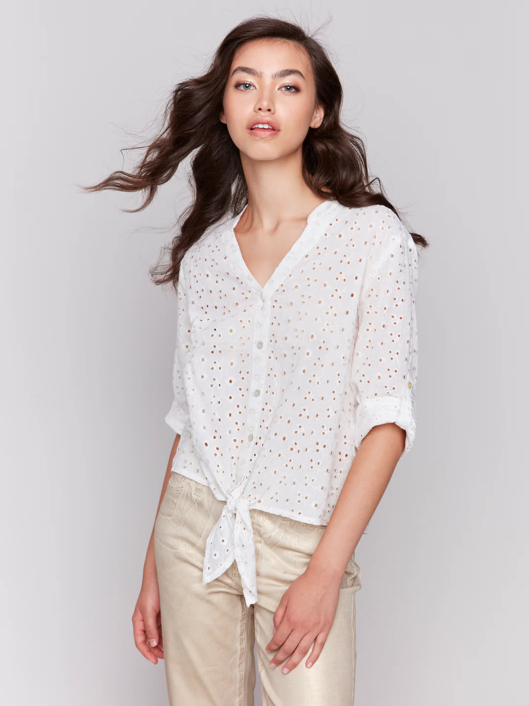 Eyelet Front Tie Cotton Blouse