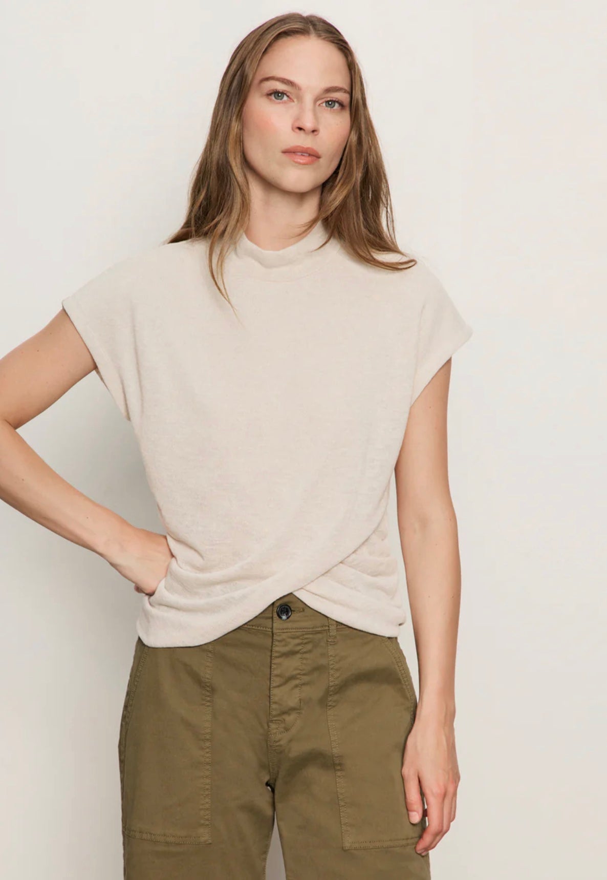 Draped Sleeveless Mock Neck