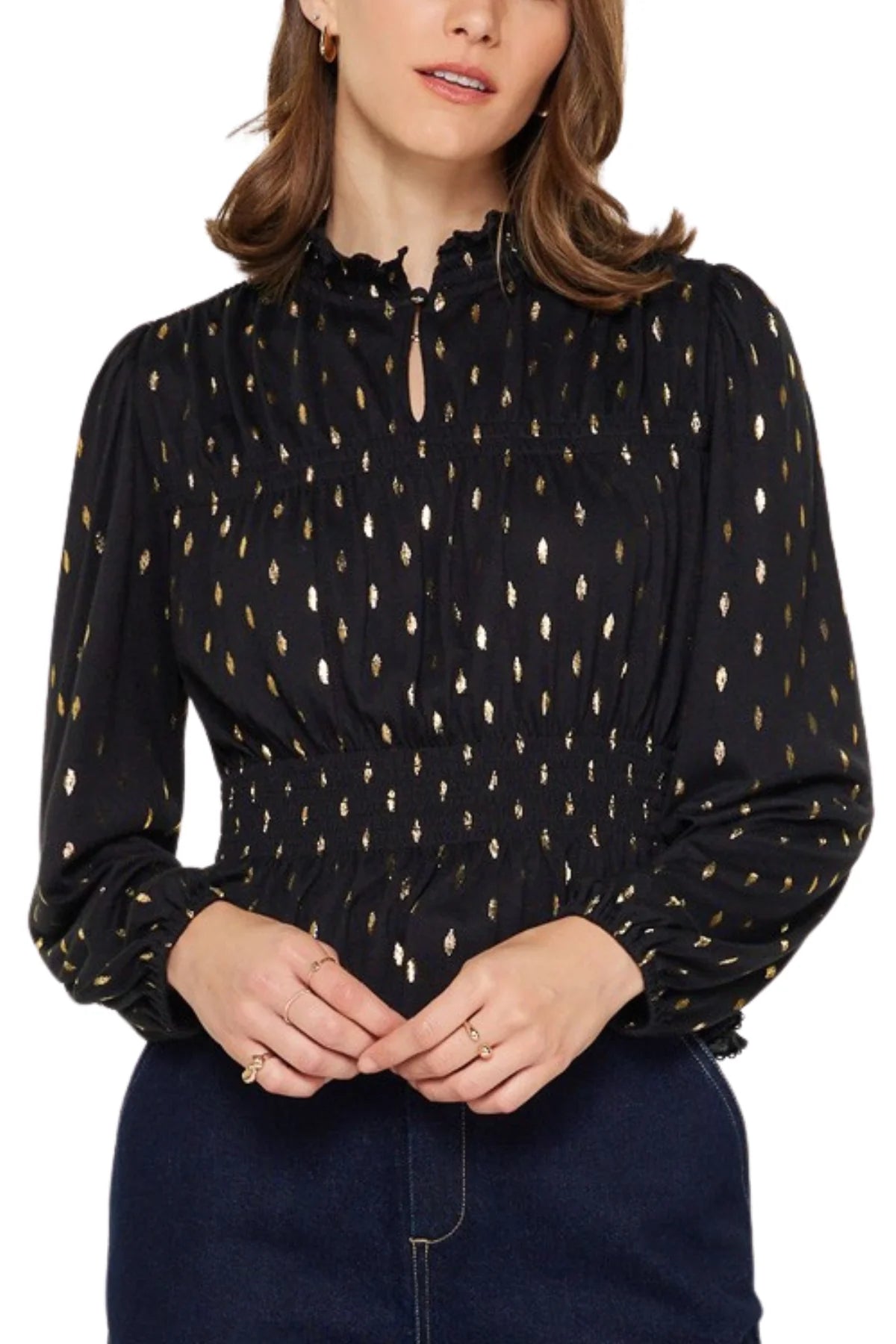 Metallic Foil Dot Peplum Top