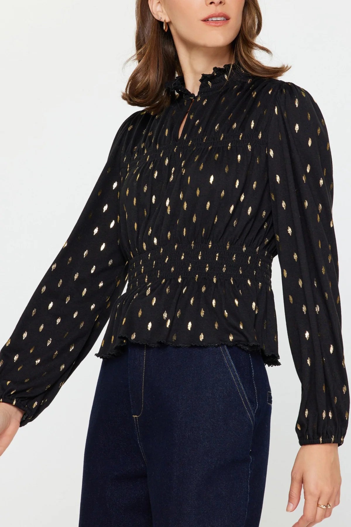 Metallic Foil Dot Peplum Top