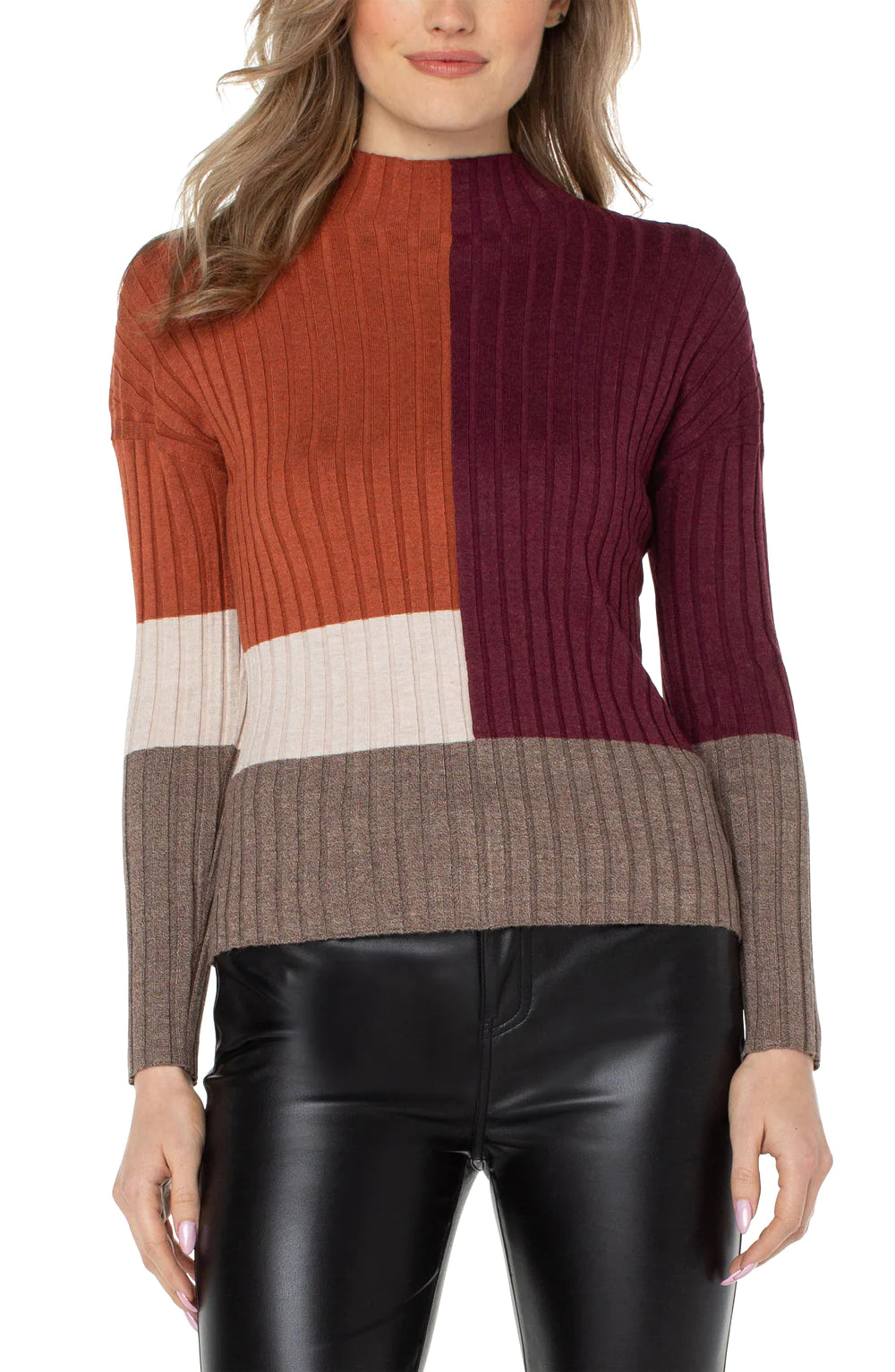 Mock Neck Pullover Sweater W/ Colorblock