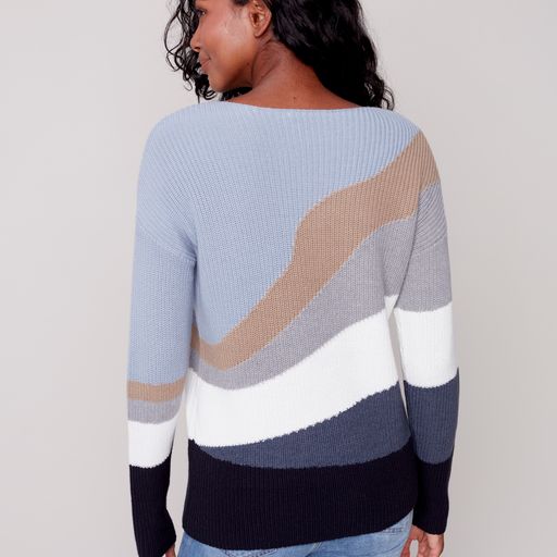 Boat Neck Drop Shoulder Color Blocking Sweater