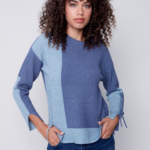 Crew Neck Sweater With Color Blocking Sleeves