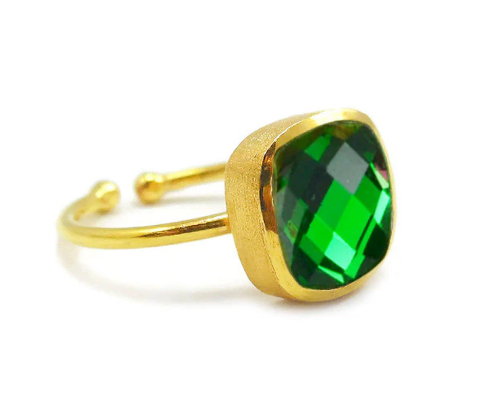 Asha Adj. Square Stone Ring18kt Gold Plated Forest GreenOne Size
